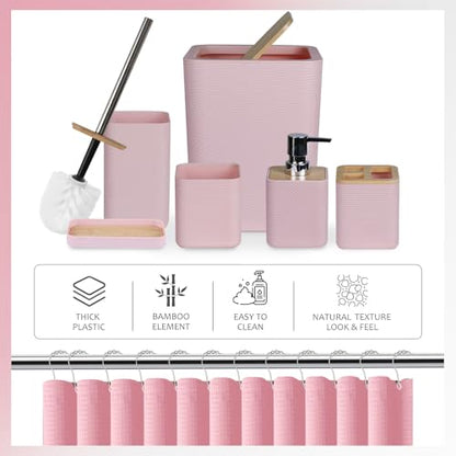 CERBIOR Bamboo Bathroom Accessory Set with Shower Curtain,Pink,20PCS | Spiral Set Includes Shower Curtain,Soap Dispenser, Toothbrush Holder, Toothbrush Cup, Soap Dish for Decorative and House Gift - size: Bath Set+Shower Curtain, style: Pink