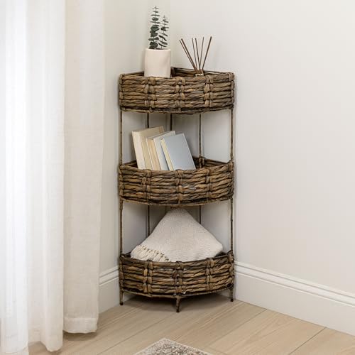 Eyely SHF2012B Aurel 32.5" Coastal Handwoven Water Hyacinth 3-Tier Corner Freestanding Storage Rack with Metal Frame, Multipurpose Shelving Unit for Living Room, Bedroom, Bathroom,Brown - color: Brown