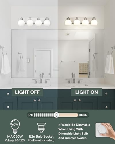 4-Light Brushed Nickel Bathroom Vanity Light, Milk Glass Globe Shade | 26" modern bathroom light fixtures over mirror, E26 base, bulbs not included, VL195-BN-ML-4 - color: Brushed Nickel, Milk Glass, size: 4-light