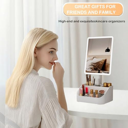 Rechargeable Makeup Mirror Organizer with LED Lights & 20X Magnification, Large Capacity Cosmetic Display Case for Skincare & Makeup Brushes, Countertop Vanity Organizer for Bedroom, Bathroom (Cream)