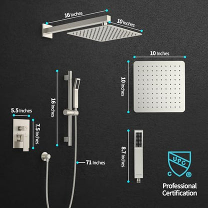 SR SUN RISE 10 Inch Square Shower System with Slide Bar,Brushed Nickel | Rain Head and Handle System,16" Adjustable Shower Slide Bar,Soild Brass,Wall Mount,Included Valve and Trim Kit - color: Brushed Nickel, size: 10 Inch