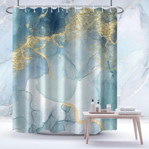 AWERT Teal Marble Shower Curtain for Bathroom Waterproof Quick-Drying Modern Abstract Shower Curtain Set with Hooks 60x72 Inch - color: Teal, size: 60"W x 72"L (Pack of 1)