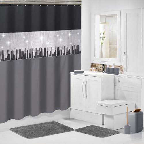 Bathroom Accessories Set with Glitter Shower Curtain and Bath Mats, 24 Piece Grey Shower Curtain Set,Bathroom Accessories Set Complete for Home Decor - size: Bath Set+Shower Curtain+Bath Rugs, style: Grey