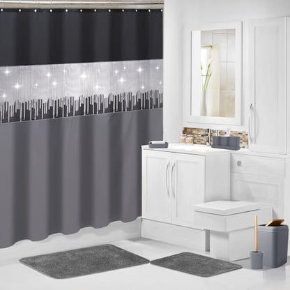 Bathroom Accessories Set with Glitter Shower Curtain and Bath Mats, 24 Piece Grey Shower Curtain Set,Bathroom Accessories Set Complete for Home Decor - size: Bath Set+Shower Curtain+Bath Rugs, style: Grey