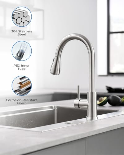 VFAUOSIT Kitchen Faucet with Pull Down Sprayer, Lead-Free Brushed Nickel | NSF 61/372 and cUPC Certified, 3 Spray Modes, 20-Inch Retractable Hose, Cold-Start Safety, 10-Minute Tool-Free Install - color: Brushed Nickel