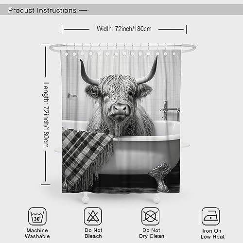Funny Highland Cattle Cow Bull Shower Curtain, Black and White Cattle Bathing in The Bathtub Shower Curtains Set, Humor Western West Farmhouse Shower Curtains with Hooks 72x72inch - color: Grey, size: 72"W x 72"L (Pack of 1)
