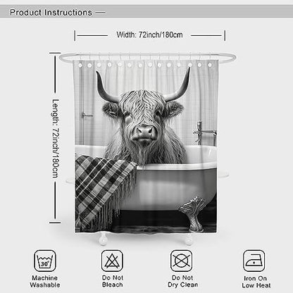 Funny Highland Cattle Cow Bull Shower Curtain, Black and White Cattle Bathing in The Bathtub Shower Curtains Set, Humor Western West Farmhouse Shower Curtains with Hooks 72x72inch - color: Grey, size: 72"W x 72"L (Pack of 1)