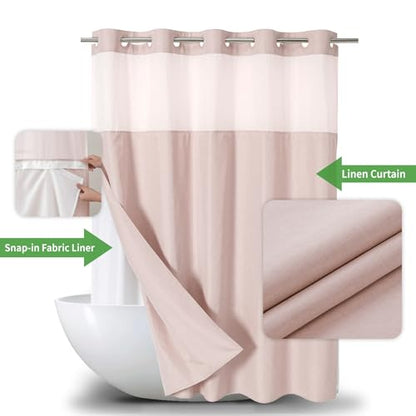 eachope No Hooks Needed Linen Textured Shower Curtain with Snap-in Fabric Liner Set,Blush Hotel Luxury Decor Shower Curtains for Bathroom with Mesh Top Window,Waterproof & Washable,71Wx74H | 230GSM Thick Fabric,Hotel Luxury Decor,Mesh Top Window,Magnetic