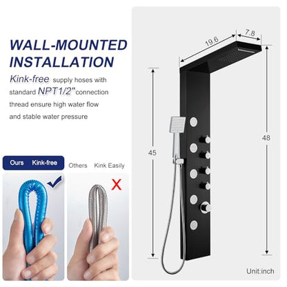 ROVATE 4-in-1 Rainfall Waterfall Shower Panel Tower System, Black | Shower Column with Body Massage Jets and Handheld, Stainless Steel High Pressure, Use Multiple Functions Simultaneously - color: Black Finish