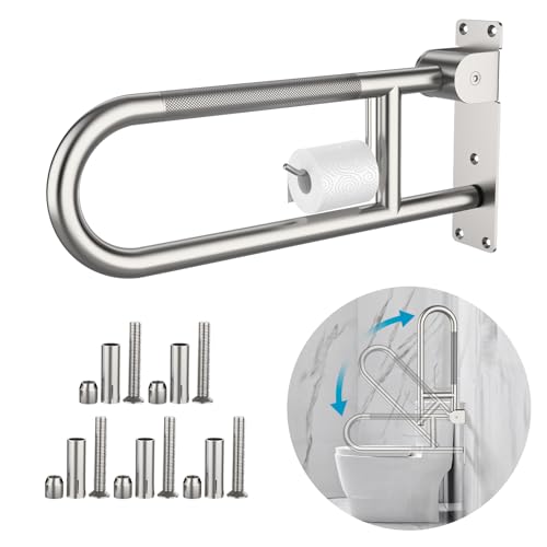 Toilet Grab Bar 24 Inch, Munzong Anti-Slip Handicap Grab Bars with Paper Holder, Flip-Up Bathroom Toilet Safety Rails, Stainless Steel Knurled Support handrails for Seniors Elderly Disabled Pregnant - color: Satin Nickel, size: 24 Inch