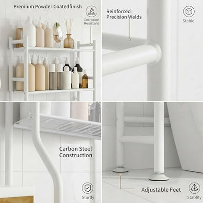 GloTika 3-Tier Over Toilet Storage, Anti-Tilt, 64" H, White | Anti-Tilt Safety System, 150lb Capacity, Carbon Steel, Freestanding, No Drilling, Anti-Rust Coating, Paper Holder & 4 Hooks - color: White, size: 3-Tier