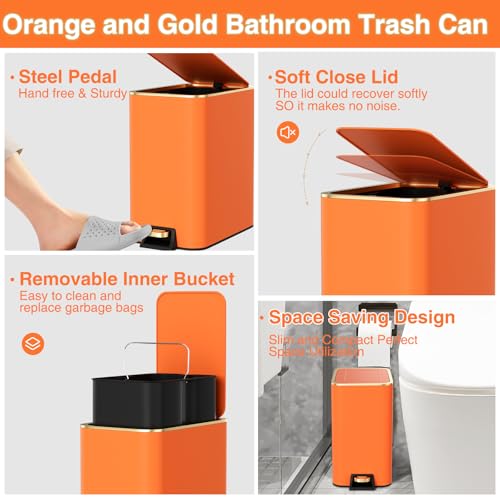 XLHOMO Bathroom Accessories 8 Piece Orange and Gold Bathroom Set, Bath Accessories with Stainless Steel Trash Can,Toilet Brush,Toothbrush Set,Soap Dispenser - size: Orange, style: Bath Set
