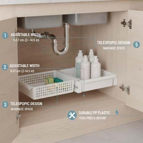 Adjustable Telescopic Tension Shelf for Under Sink Storage, No-Drill PP Plastic Cabinet Organizer Rack, White (1 Pack) - size: 14.57 x 9.84 x 3.15 in