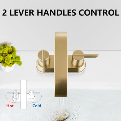 Brushed Gold Waterfall Bathroom Faucet 4 Inch Centerset,2-Handle | Stainless Steel 3-Hole Deck-Mount Design Includes Supply Lines and Pop-Up Drain for a Complete Vanity Installation - color: Brushed Gold