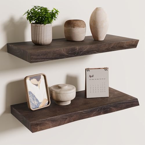 18 inch Floating Shelves for Wall Live Edge, Walnut, 2PCs | 8'' D Rustic Solid Elm Wood, Wall Mounted, Wall Shelves, Invisible Bracket, Living Room Bedroom Kitchen - color: Walnut Live Edge, size: 18x8x1.4in, Set of 2