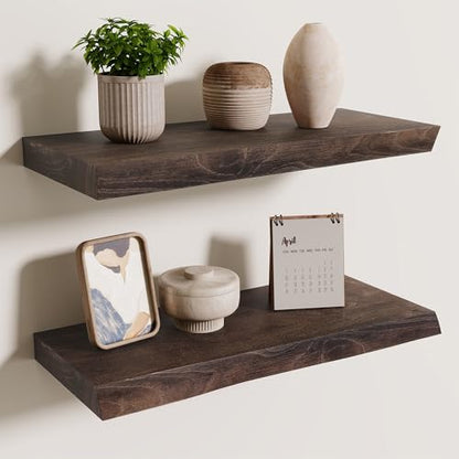 18 inch Floating Shelves for Wall Live Edge, Walnut, 2PCs | 8'' D Rustic Solid Elm Wood, Wall Mounted, Wall Shelves, Invisible Bracket, Living Room Bedroom Kitchen - color: Walnut Live Edge, size: 18x8x1.4in, Set of 2