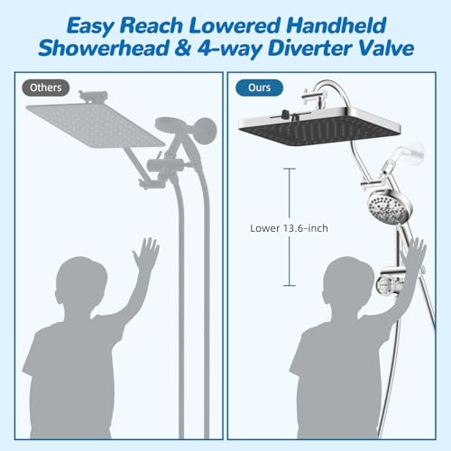 Hibbent cUPC Certified High Pressue 13'' Rainfall Shower Head with 5-Spray | Shower Heads with Handheld 10-Spray Combo, All Metal Easy Reach 4-way Diverter Extension Arm, 71'' Hose & Holder, Chrome - color: Chrome, style: Square 13"
