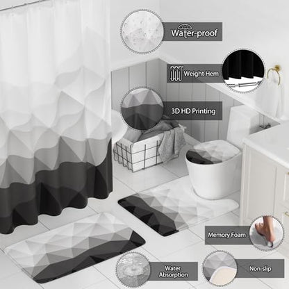 XLHOMO Bathroom Accessory Set - 26PC Bathroom Shower Curtain and Rug Set, Bathroom Accessories Set, Grey Bathroom Set with Trash Can, Toilet Brush, Qtip Holder & Soap Dispenser - style: Grey