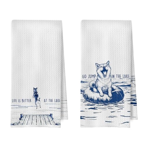 Funny Shiba Inu Gifts - Summer Lake House Kitchen Decor Set | Shiba Inu Gifts Waffle Dish Towels, Lake Gifts Hand Towels, Summer Shiba Inu Gift Tea Towel, 16×24 Inches Set of 2 - color: Shiba Inu