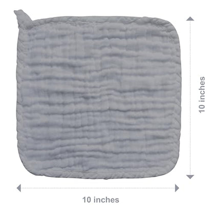 SWEET DOLPHIN 12 Pack Baby Muslin Washcloths - Soft Face Cloths for Newborn, Absorbent Bath Wash Cloths, Wipes, Burp Rag - Toddlers Essentials Stuff, Baby Registry as Shower -10"x10", Grey