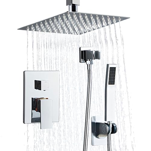 8 Inch Shower Faucet Set Ceiling Mount, High Pressure Rainfall Shower System, Square Rain Shower Head with Handheld Spray Combo, Ceiling Luxury Rainfall Shower Fixtures (L-Style) - color: Polish Chrome, style: 8 Inch-L Style
