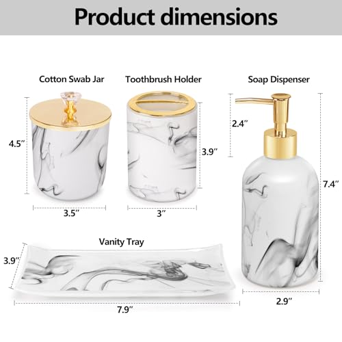 Haturi Bathroom Accessories Set, 4 Pcs Marble Look Sets Soap Dispenser & Toothbrush Holder Counter Top Restroom Apartment Decor Stuff, Glass Kits, Gift for Women and Men, Ink White | Kit w/ Bathroom Soap Dispenser Set, Toothbrush Holder, Qtip Holder, Soap