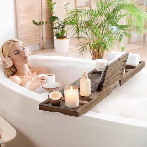 Teak Bathtub Tray, Expandable Bath Tray for Tub 28–40in, Foldable Bath Caddy with Wine Holder, Phone & Tablet Stand, Wooden Bathtub Organizer, Luxury Spa Bathroom Accessories Gift - Dark Walnut Finish - color: Dark Walnut - Solid Teak Wood