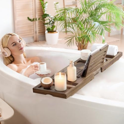 Teak Bathtub Tray, Expandable Bath Tray for Tub 28–40in, Foldable Bath Caddy with Wine Holder, Phone & Tablet Stand, Wooden Bathtub Organizer, Luxury Spa Bathroom Accessories Gift - Dark Walnut Finish - color: Dark Walnut - Solid Teak Wood