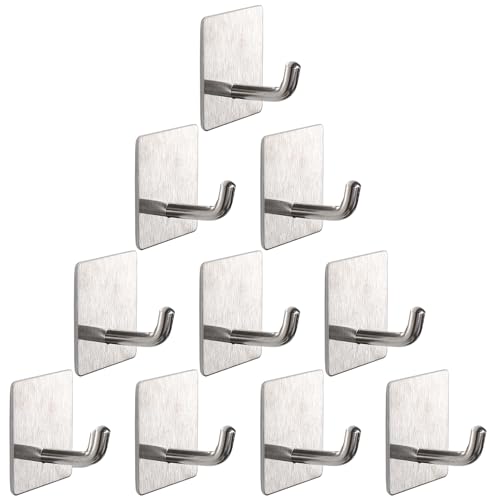 Bath Towel Hooks -10 Pack Strong Self Adhesive Coat/Clothes Hooks, No Drilling Sticky Hooks, Heavy Duty 304 Stainless Steel Shower Wall Hook for Bathroom Kitchen Bedroom(Brushed Nickel) - color: Brushed Nickel-10