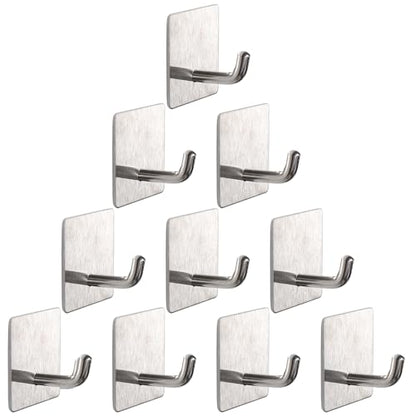 Bath Towel Hooks -10 Pack Strong Self Adhesive Coat/Clothes Hooks, No Drilling Sticky Hooks, Heavy Duty 304 Stainless Steel Shower Wall Hook for Bathroom Kitchen Bedroom(Brushed Nickel) - color: Brushed Nickel-10