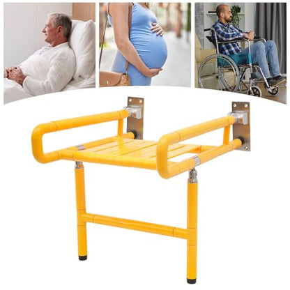 19.69" Wide Folding Shower Seat Wall Mounted Foldable Shower Chair with Legs and Arms Bath Safety Stainless Steel Folding Shower Bench for Inside Shower, Seniors, Pregnant and Disabled, Max Load 441lb - color: Yellow