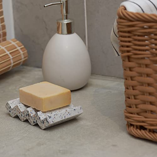 Tapeera Zig Zag Terrazzo Self Draining Soap Dish for Shower - Concrete Soap Saver for Bar Soap Holder - Sponge Holder - Kitchen Soap Tray (White) - color: White