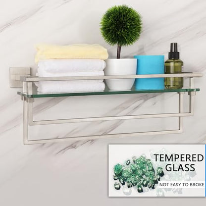 LANC Bathroom Shelves - 20 Inch Floating Tempered Glass Shelf with 2 Towel Rails for Modern Shower Bath Storage - Wall Mounted Stainless Steel Brushed Nickel, A7617BN - color: Brushed Nickel