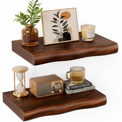 Solid Wood Live Edge Floating Shelves Set of 2 – 12" Rustic Wall Shelf with Hidden Bracket System, Wall Mounted Shelves for Bathroom, Kitchen, Living Room, Bedroom (Walnut) - color: Walnut, size: 12inch