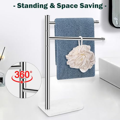 Hand Towel Holder, F-Shape Hand Towel Stand with Marble Base, Stainless Steel Swivel Hand Towel Rack Bar Standing for Bathroom Kitchen Countertop, 2 Arms (Chrome Finish) - color: Chrome Finish