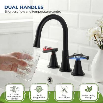 8 Inch Pull Out Sprayer Bathroom Faucet 3 Hole, Widespread 2 Handle Sink Faucet with Pop Up Drain and Supply Lines, Stainless Steel for Vanity, RV, Matte Black - color: Matte Black, size: 8 IN