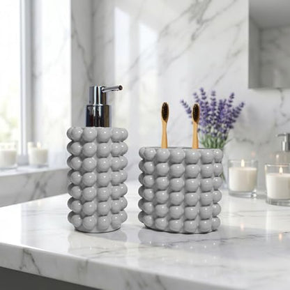 Better Trends 2-Piece Bathroom Accessory Set 400mL Refillable Soap Dispenser with Rustproof Pump 2-Slot Toothbrush for Vanity, Sink & Countertop Organization Gray Nova Collection - color: Gray