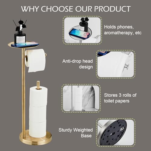 Toilet Paper Holder Stand Gold: Free Standing Tissue Roll Holder with Phone Shelf - Toilet Roll Dispenser Storages for 4 Rolls, Durable Stainless Steel for Bathroom