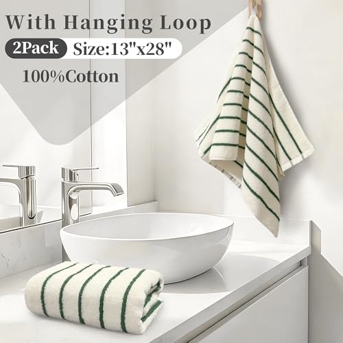 VOOVA & MOVAS Hand Towels with Loop, 100% Cotton, 13x28 in,Green Striped | 2 Pack, Ideal for Bathroom & Kitchen Daily Use, 420GSM Medium Weight, Ultra Absorbent, Soft & Durable - color: Green Stripe