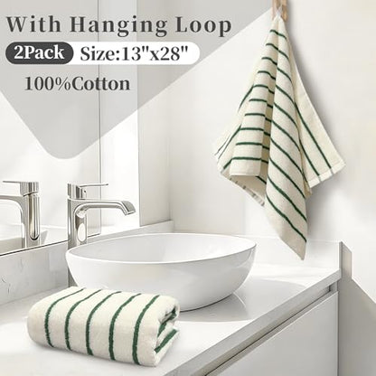 VOOVA & MOVAS Hand Towels with Loop, 100% Cotton, 13x28 in,Green Striped | 2 Pack, Ideal for Bathroom & Kitchen Daily Use, 420GSM Medium Weight, Ultra Absorbent, Soft & Durable - color: Green Stripe