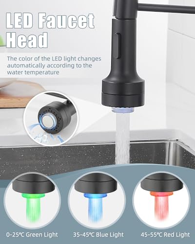 Black Kitchen Faucet with LED light,Kitchen Faucet with Soap Dispenser,Faucet for Kitchen Sink,Single Handle Stainless Steel Kitchen Sink Faucets with Pull Down Sprayer,Camper Farmhouse RV Sink Faucet - color: A-Matte Black, style: Rustic
