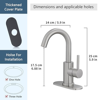 Bathroom Faucet, Single Hole Bathroom Sink Faucet | Single Handle Vanity Faucet with Deck Plate, 360° Swivel Stainless Steel for RV, Bar Sink, Lavatory - color: Brushed Nickel, style: Rotatable