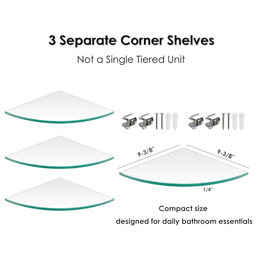 Kingrol 3 Pack Drill-Mounted Glass Corner Shower Shelves, 9-3/8 Inch | 3 Separate Shelves for True 90° Corners, 4 Brackets Per Shelf, Approx. 9.75-Inch Installed Corner Depth