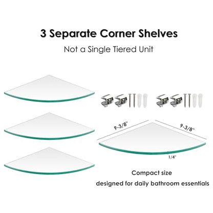 Kingrol 3 Pack Drill-Mounted Glass Corner Shower Shelves, 9-3/8 Inch | 3 Separate Shelves for True 90° Corners, 4 Brackets Per Shelf, Approx. 9.75-Inch Installed Corner Depth