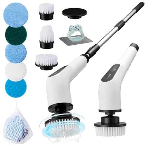 Electric Cordless Spin Scrubber – 2-Speed High-Efficiency Adjustable Portable Cleaning Brush for Home, 8 Replaceable Brush Heads for 360° Powerful Cleaning in Bathroom, Kitchen, Car(Pure White)