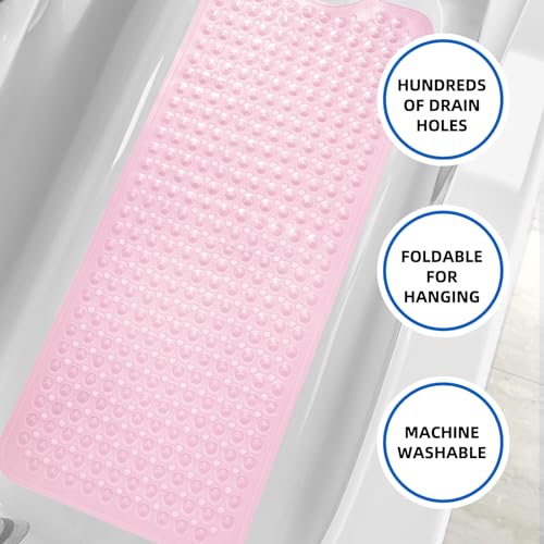 MOONFLY Shower and Bathtub Mat,40x16 Inches,Extra Long Non Slip Mats with Suction Cups and Drain Holes, Machine Washable and Anti Slip Bathmats, Bathroom Mats for Tub Nonslip (Clear Pink) - color: Clear Pink