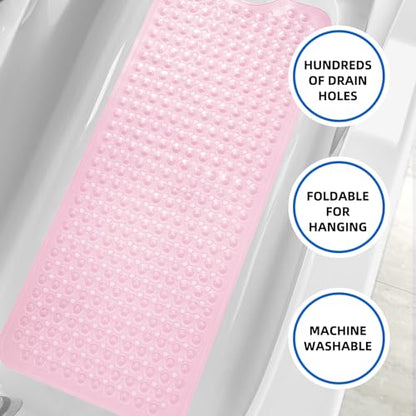 MOONFLY Shower and Bathtub Mat,40x16 Inches,Extra Long Non Slip Mats with Suction Cups and Drain Holes, Machine Washable and Anti Slip Bathmats, Bathroom Mats for Tub Nonslip (Clear Pink) - color: Clear Pink