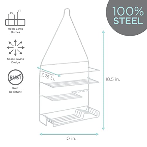 Bath Bliss Shower 3 Tier Shower Caddy | 3 Tier Shelves | Soap Dish Holder | Razor Slots | Wash Cloth Hook | Loofah Hook | White | Rust Resistant | Bathroom Accessories