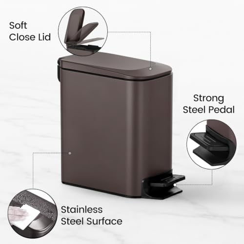 TIPGO Slim Bathroom Trash Can with Lid Soft Close, Step Pedal, 6 Liter / 1.6 Gallon Stainless Steel Trash Bin, Small Garbage Cans for Bedroom, Office, Kitchen (Brown) - color: Brown