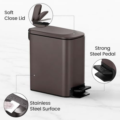 TIPGO Slim Bathroom Trash Can with Lid Soft Close, Step Pedal, 6 Liter / 1.6 Gallon Stainless Steel Trash Bin, Small Garbage Cans for Bedroom, Office, Kitchen (Brown) - color: Brown